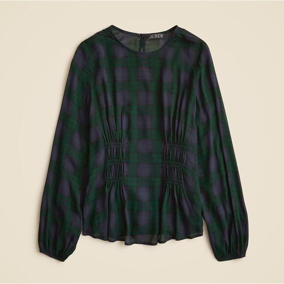 J.Crew Chiffon Shirred-Waist Top Sz 0 Green Blue Black Watch Tartan Long Sleeve - Picture 2 of 7